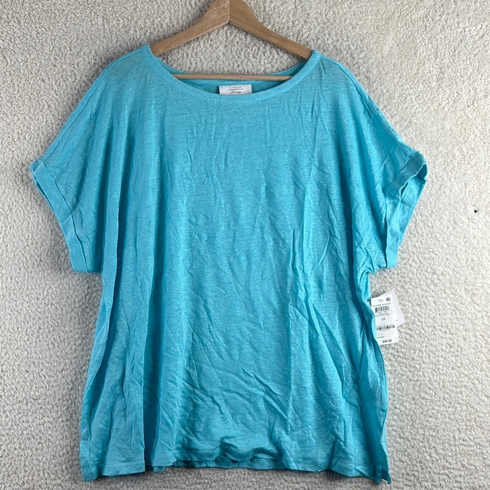 NWT Charter Club Luxury Womens Blue 100% Linen Short Sleeve Tee T-Shirt PLUS 2X